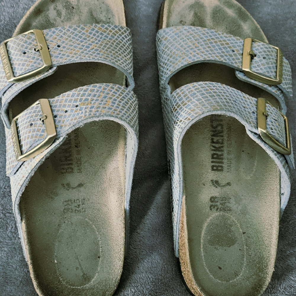 Birkenstock Women's Textured Blue and Gold Arizona Sandals